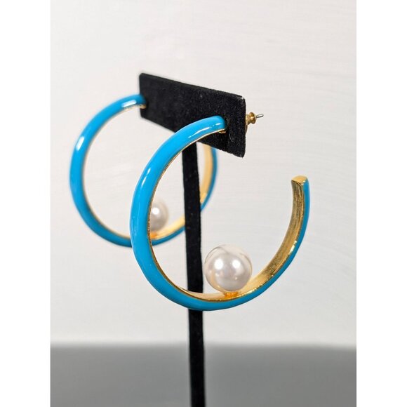 Turquoise Blue Enamel Hoop Earrings Faux Pearl Signed Kenneth Lane - Picture 2 of 10